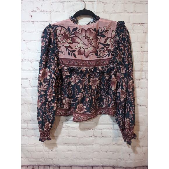 Anthropologie Farm Rio Ainika Charm Floral Ruffle Blouse Crop Boho Hippie Size L - Picture 5 of 10